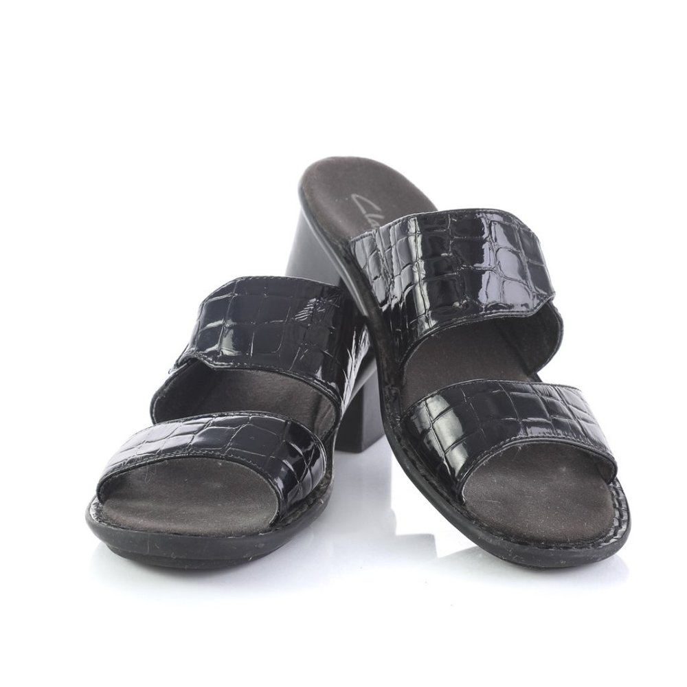 Clarks Black Patent Leather Croc Print Sandals